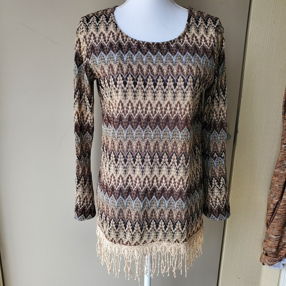 Toffee Apple Tunic Womens Small Brown Blue Tasseled Glitter Boho Peasant Top